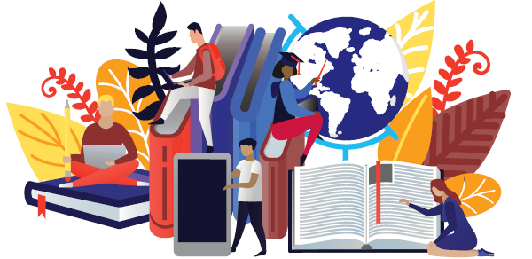 Diverse cartoon college students working: reading, at laptop and device; pointing to a world globe with graduation cap on. (Getty)