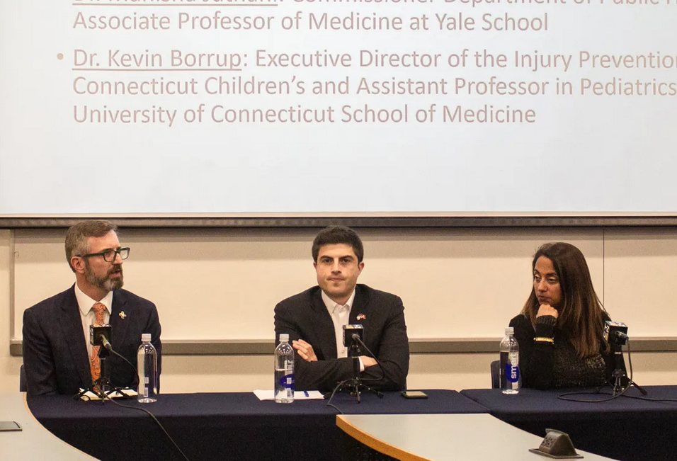 (l-r) Dr. Kevin Borrup, Executive Director of the Injury Prevention Center at Connecticut Children’s Hospital; State Rep. Matt Blumenthal; State Health Commissioner Dr. Manisha Juthani